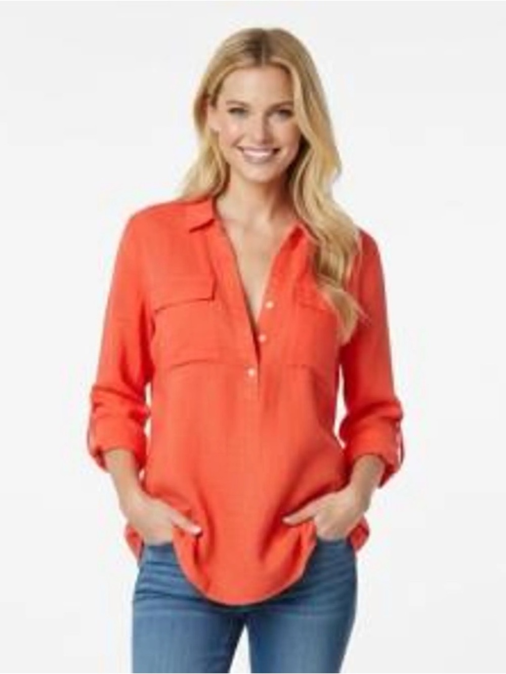 Old Navy Coral Linen-Blend Shirt half-button placket patch pockets